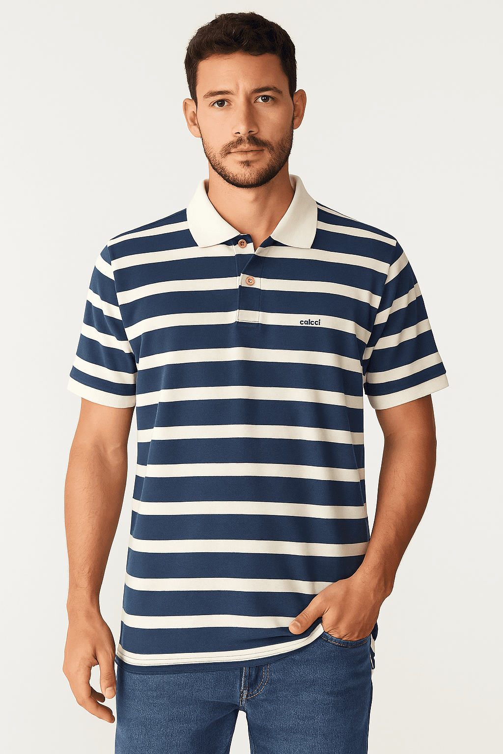Camiseta Polo Colcci Listrado Branco E Azul