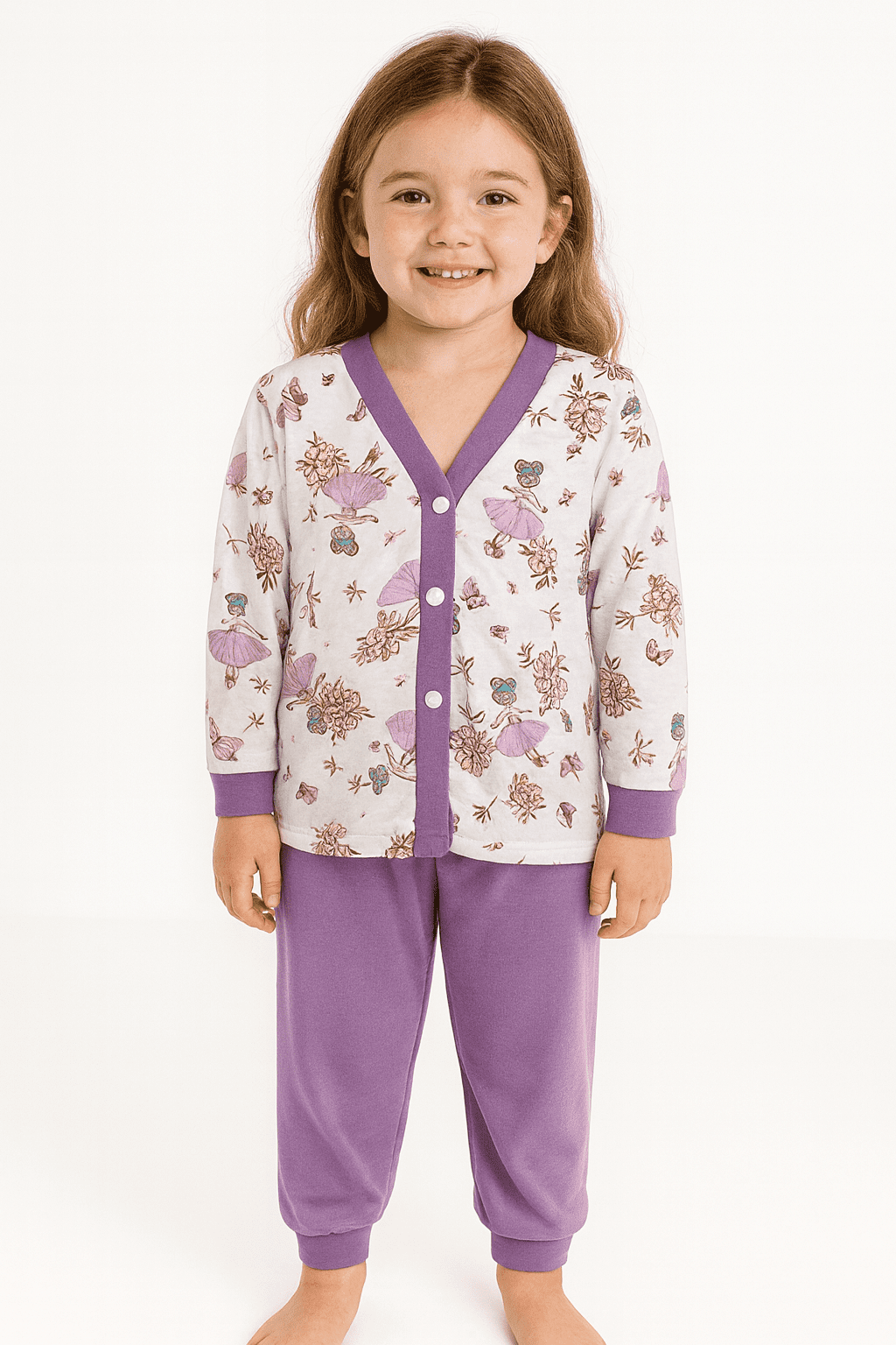 Pijama Modalle Branco E Roxo Estampado