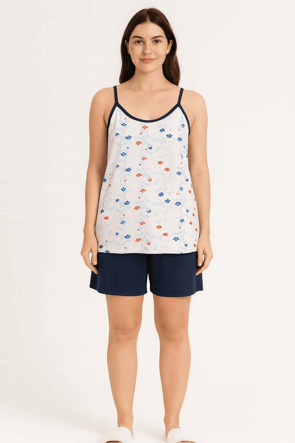 Pijama Modalle Branco E Azul Escuro Com Estampa